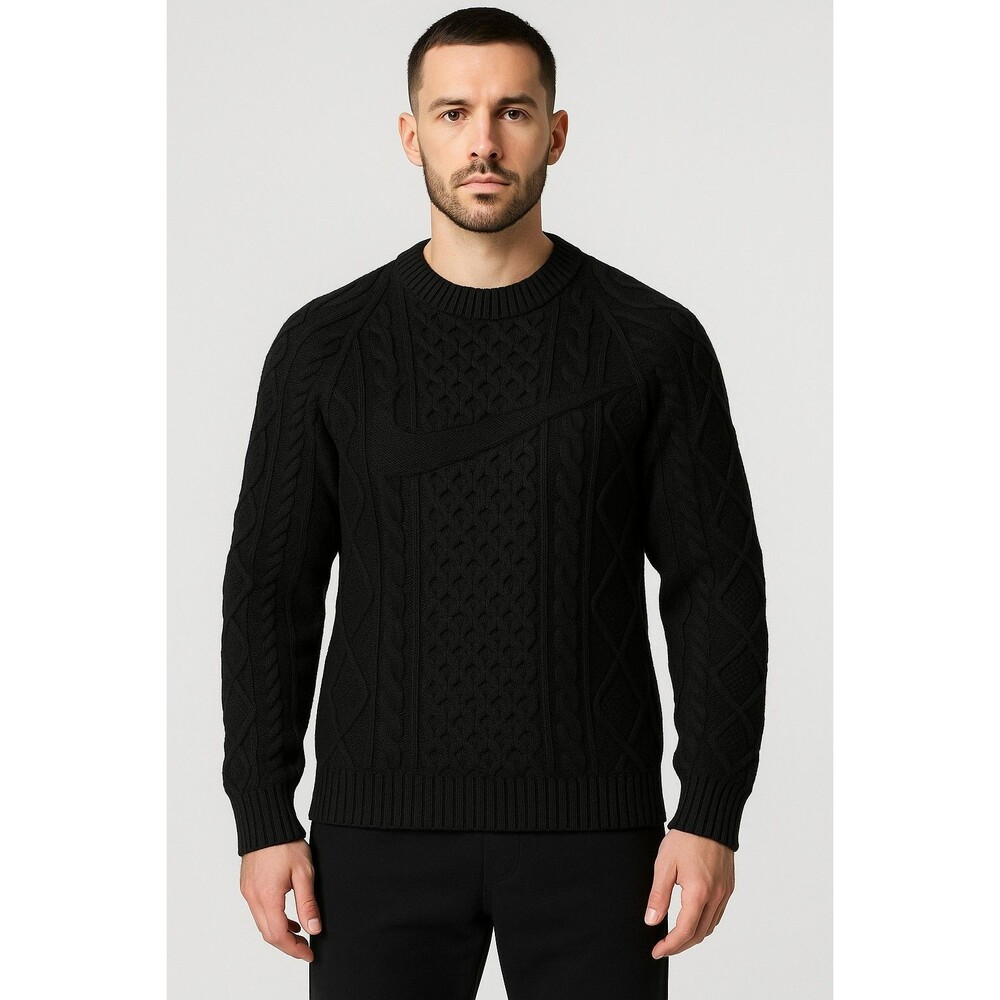 Nike Mens Sz Small Cable Knit Big Swoosh Sweater Black DQ5176 010 $175